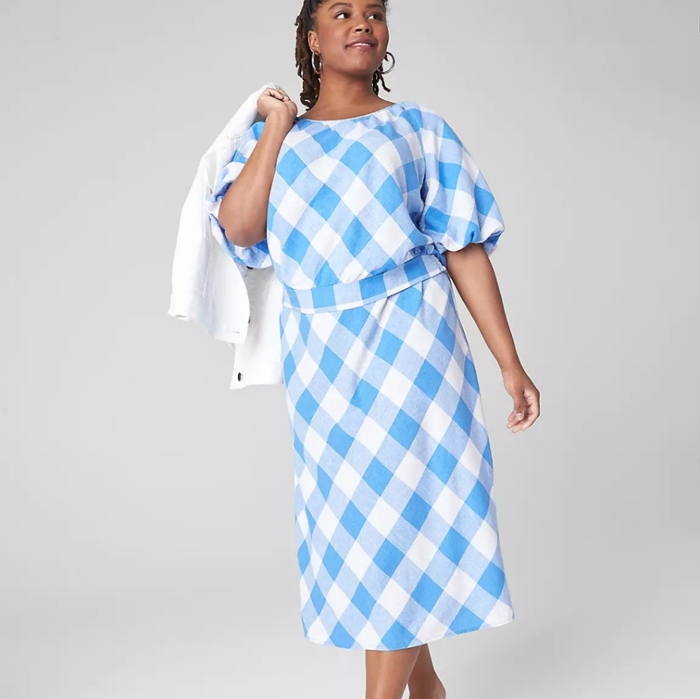 LANE BRYANT Crop Balloon-Sleeve Top & midi skirt set LINEN blue gingham SIZE 14
